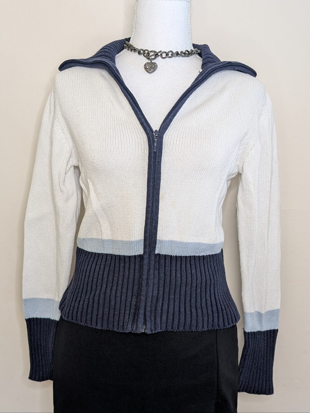 Vintage Blue And White Zip Up Sweater - Y2K Sporty Cotton Knit